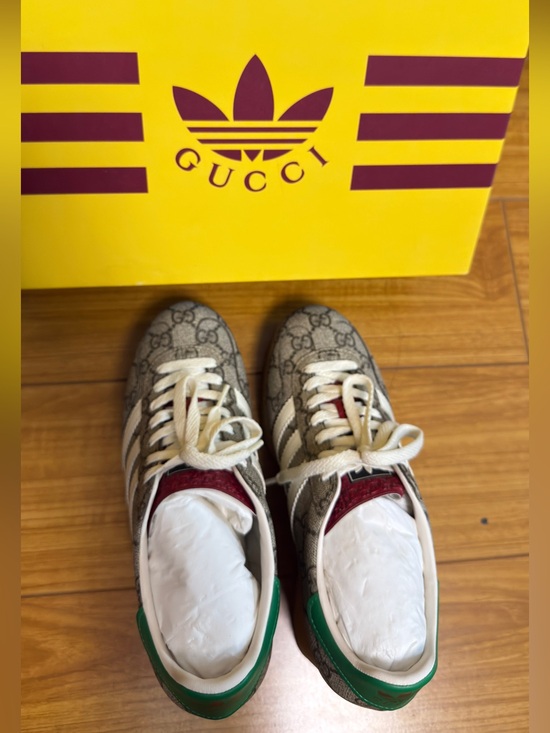 Gucci Shoes - Gucci Beige GG Monogram Sneakers with White, Green & Red Accents